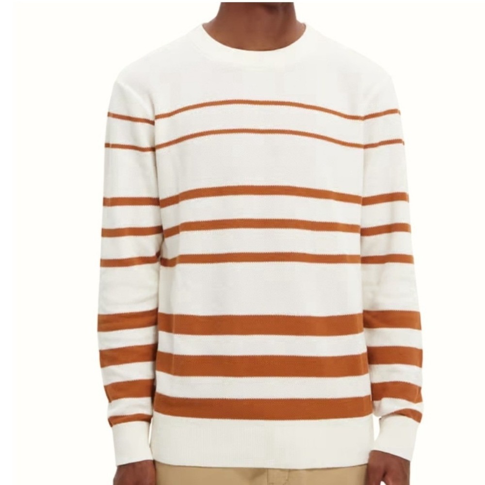 Scotch & Soda Striped Organic Cotton Crewneck Sweater Mens Large White Brown